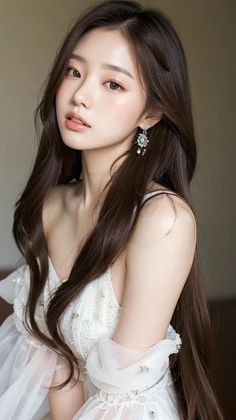 Woman with long brown hair wearing a white dress and earrings
