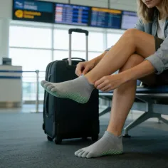 Traveler putting on toe socks in an airport terminal