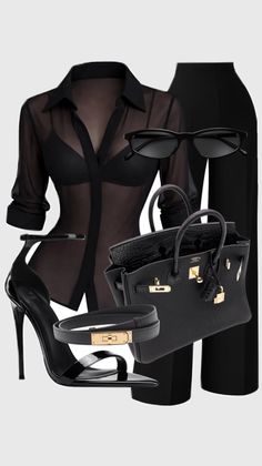 Fashion flat lay of a black sheer shirt, bra, pants, heels, handbag, and accessories