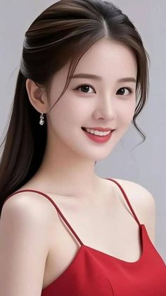 Woman with long dark hair and a red dress smiling at the camera