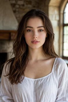 Woman with long brown hair wearing a white top indoors