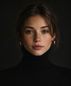 Woman with freckles and brown hair wearing a black turtleneck and gold earrings