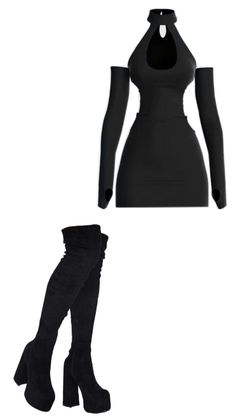 Black mini dress with cutouts and matching thigh-high platform boots