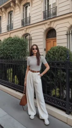 Woman with long hair wearing a striped shirt and wide leg pants on a city street