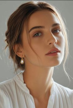 Woman with an updo hairstyle wearing a white shirt and earrings