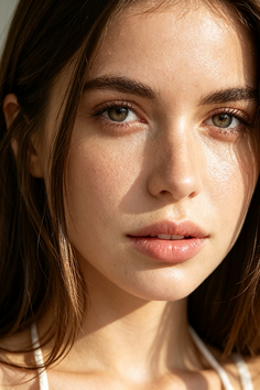 Close up portrait of a woman with brown hair and green eyes in natural light