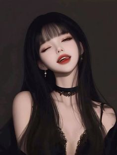 Anime style portrait of a woman with long black hair and a lace top