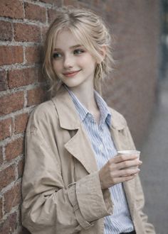 Blonde woman in a trench coat leaning against a brick wall, holding a cup