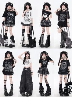 Eight women modeling various gothic and alternative fashion outfits