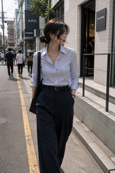 Woman in a striped shirt and wide leg pants walking on a city street