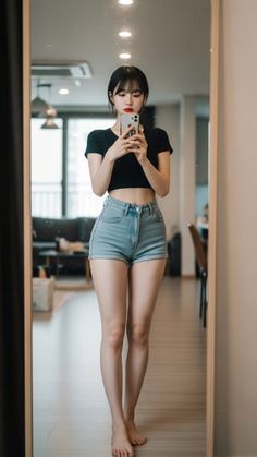 Woman in a black crop top and denim shorts taking a mirror selfie indoors