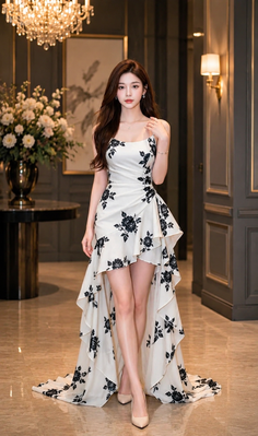 Woman in a white and black floral high-low dress standing indoors