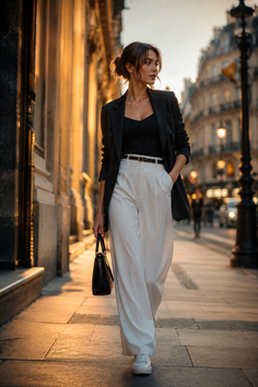 Woman in a blazer and wide-leg pants walking on a city street at golden hour