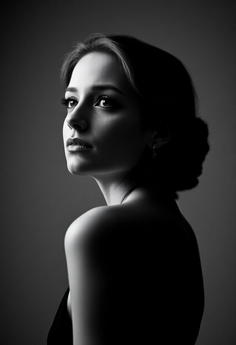 Woman with bare shoulders and an updo in a dramatic black and white portrait