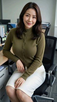 Woman with long hair wearing a cardigan and white skirt in an office setting