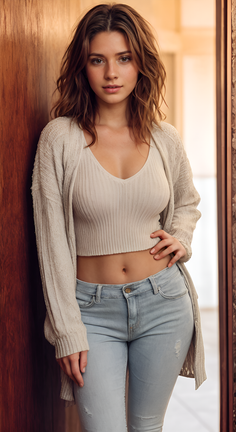 Woman in a crop top and jeans leaning against a wooden wall