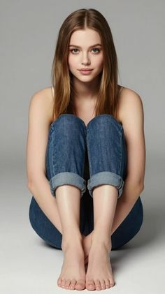 Woman with long hair wearing blue jeans and a white top, sitting on the floor
