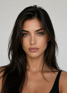 Woman with long dark hair and green eyes in a portrait shot