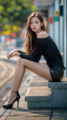 Woman with long hair wearing a black top and leather shorts, sitting outdoors