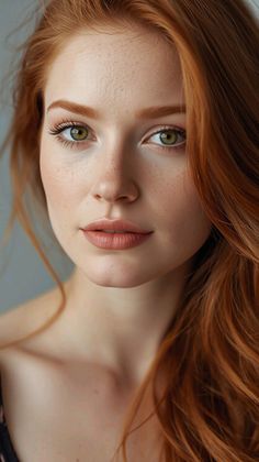 Close up portrait of a woman with red hair, green eyes, and freckles