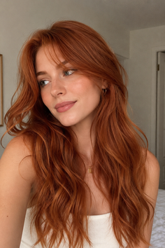 Woman with long red hair and freckles wearing a white top and gold necklace