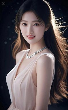Woman with long hair and a diamond necklace in a v-neck dress