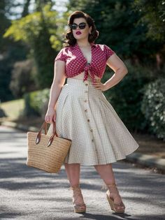 Woman in a polka dot top and gingham skirt with a straw bag outdoors