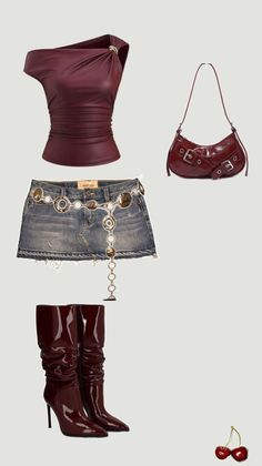 Fashion flat lay featuring a burgundy top, denim mini skirt, and matching accessories