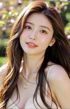 Woman with long brown hair and a necklace, outdoors with soft lighting