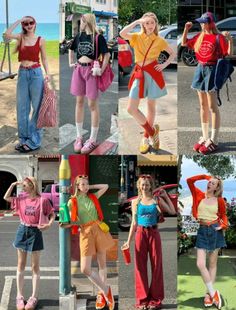 Multiple women in various casual outfits posing outdoors on a sunny day