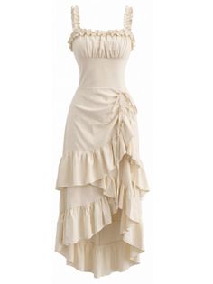 Cream ruffle midi dress with ruched detail and asymmetrical hem