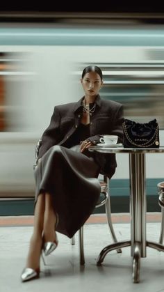 Woman in a tweed jacket and midi skirt sitting at a table with a Chanel bag