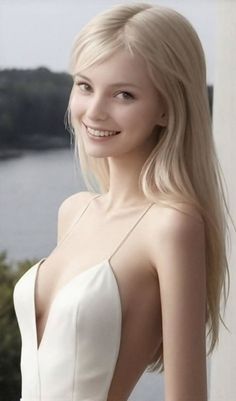 Blonde woman in a white dress with a deep V-neck and sideboob, smiling outdoors