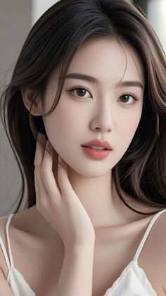 Woman with long dark hair wearing a white top, looking at the viewer