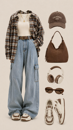 Flat lay of a casual outfit with plaid shirt, cargo jeans, and accessories