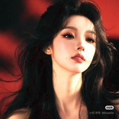 Woman with long dark hair against a red background with dramatic lighting