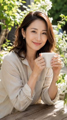 Woman with long hair holding a mug at a wooden table outdoors