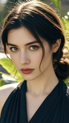 Woman with dark hair and green eyes wearing a dark top outdoors