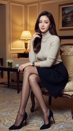 Woman in a turtleneck sweater and black skirt sitting indoors