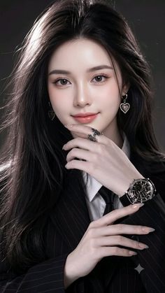 Woman with long black hair wearing a pinstripe suit and tie