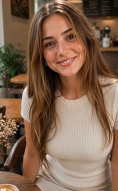 Woman with long hair smiling in a cafe with soft lighting