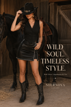 Woman in a black cowboy hat and leather skirt standing next to a horse