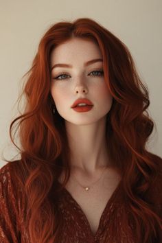 Woman with long red hair, freckles, and red lipstick wearing a necklace