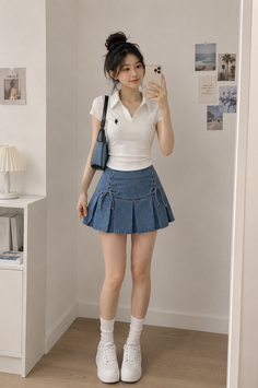 Woman in a white polo shirt and denim skirt taking a mirror selfie
