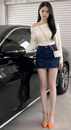 Woman with long dark hair wearing a denim skirt and off-shoulder top next to a black car