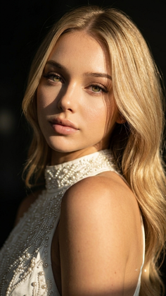 Blonde woman in a pearl-embellished dress with dramatic backlight
