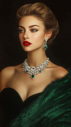 Woman with an updo, red lipstick, and emerald jewelry, wearing a strapless dress and green fur