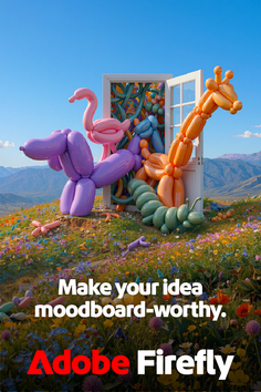Balloon animals emerging from an open door in a vibrant, flower-filled landscape
