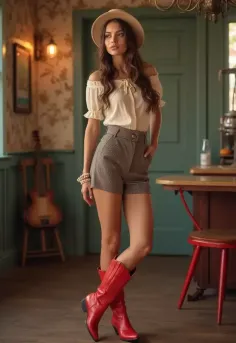 Woman in a cowboy hat, off-shoulder top, shorts, and red cowboy boots indoors