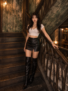 Woman in a white crop top and black leather skirt on a wooden staircase